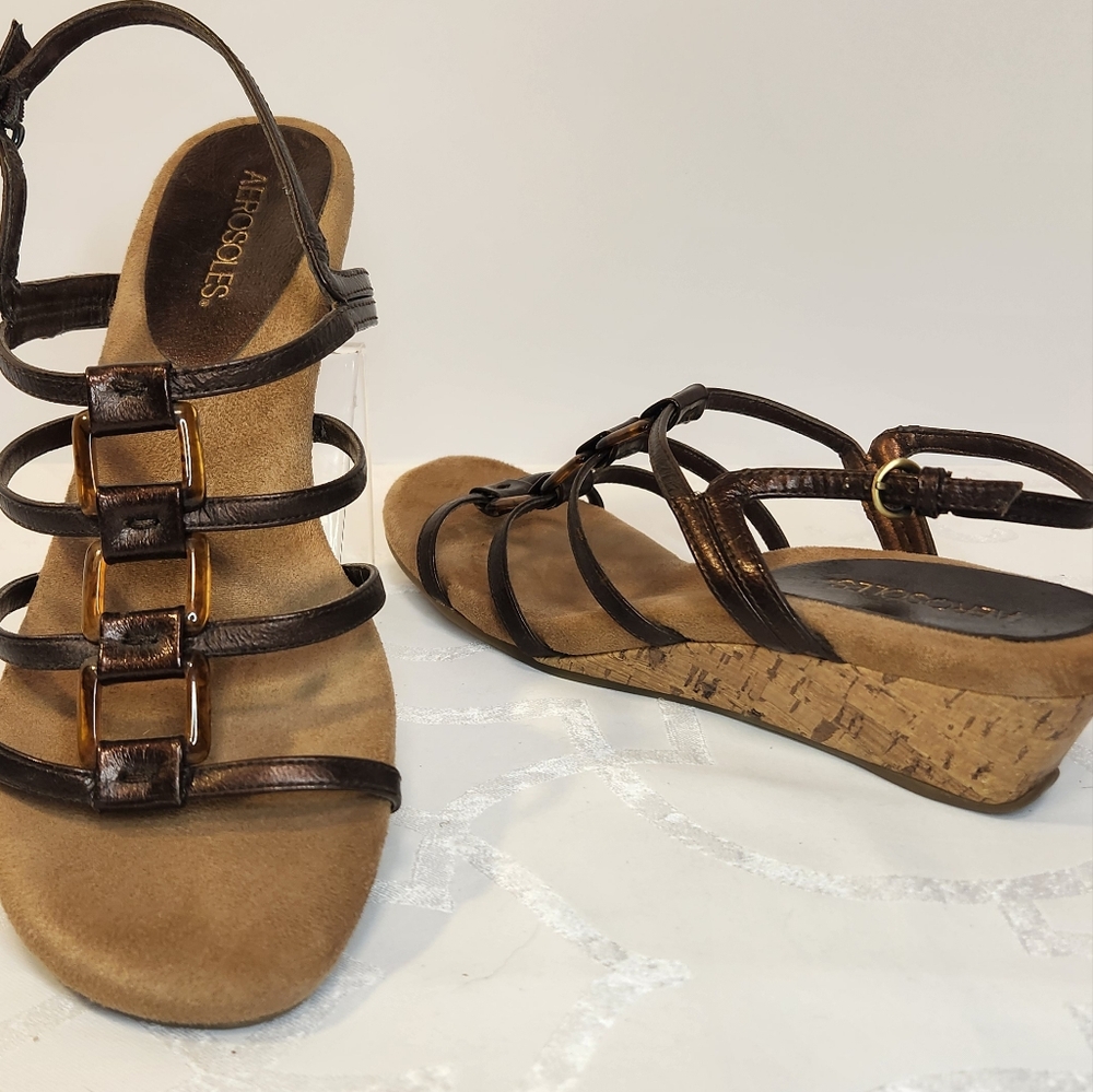 Aerosoles Tortoise Link Brown Copper Strappy Sandal Mini Cork Wedge Size 11